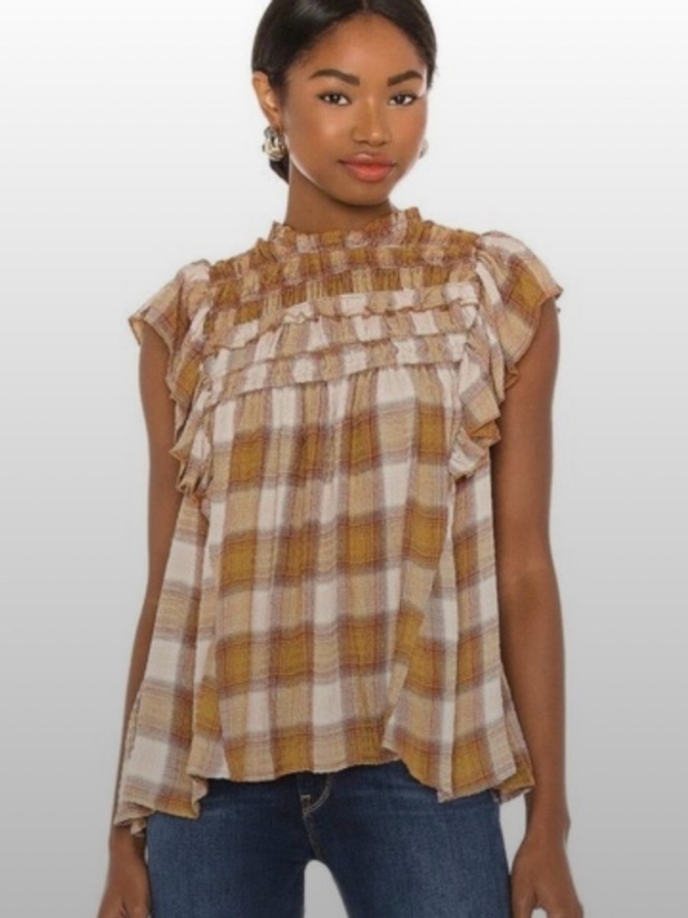 Free People Not Your Average Girl Plaid Smocked Ruffle Cap-Sleeve